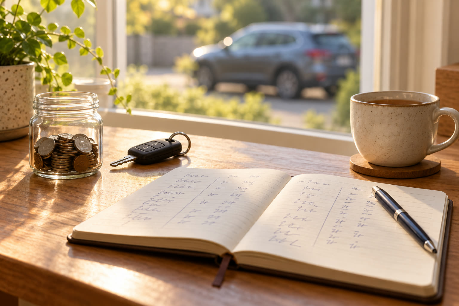 A desk with a coin jar, car keys, a notebook and a cup of tea by a sunny window