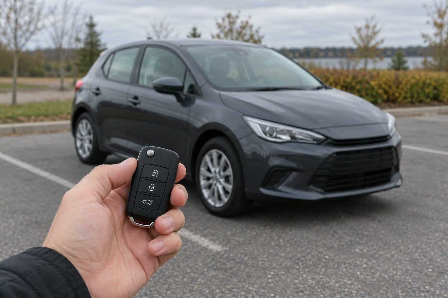 A hand holding a car key fob in front of a parked hatchback