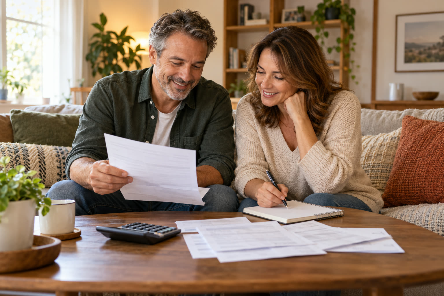 A couple on a sofa reviewing household bills with a calculator and notebook