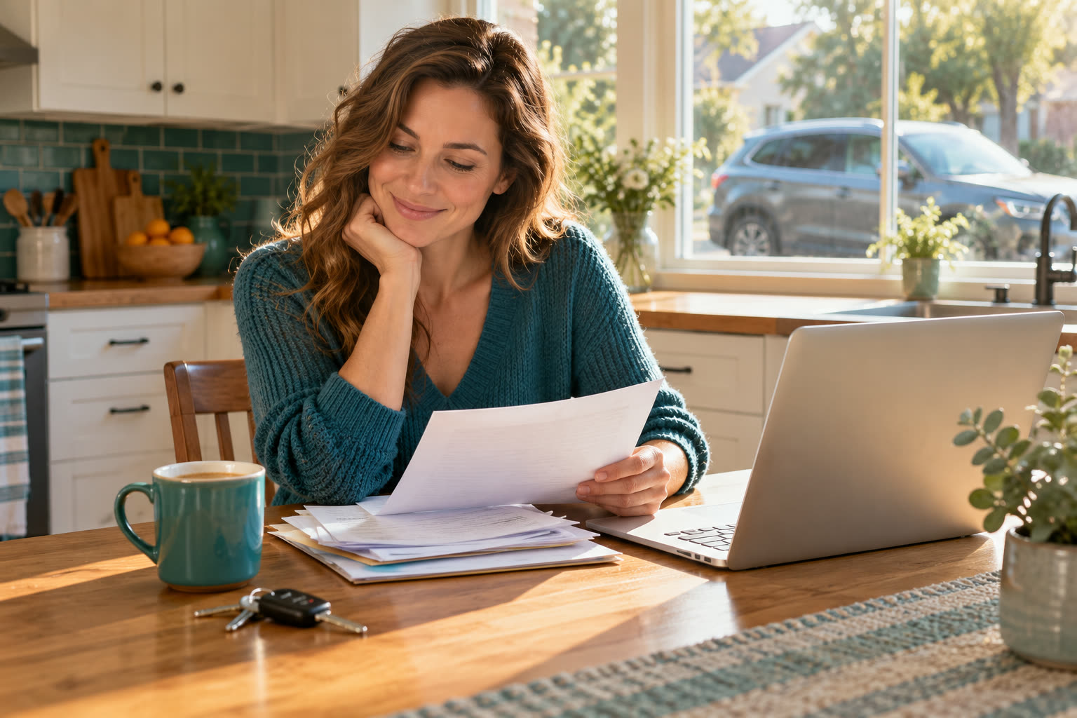 A woman at a sunny kitchen table reviewing paperwork beside a laptop and car keys