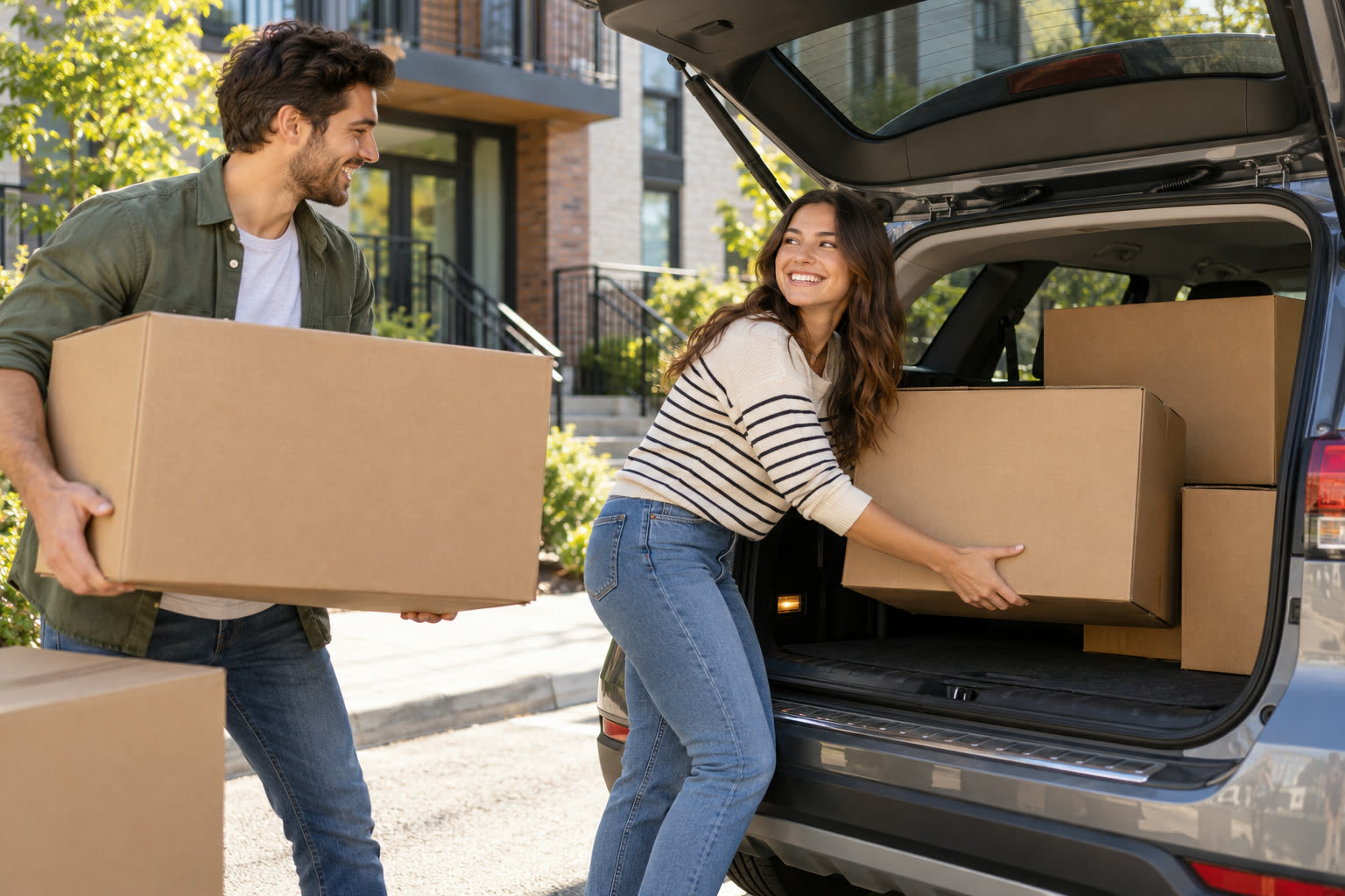 A young couple loading moving boxes into the back of an SUV