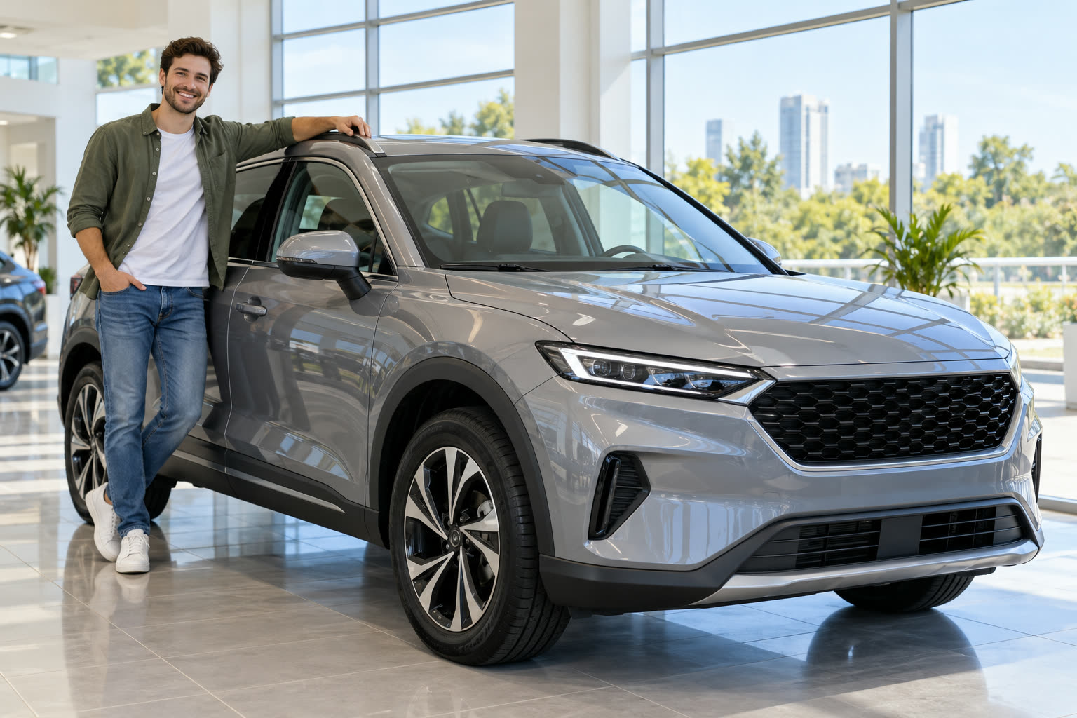 A smiling young man leaning on a new gray crossover in a bright showroom