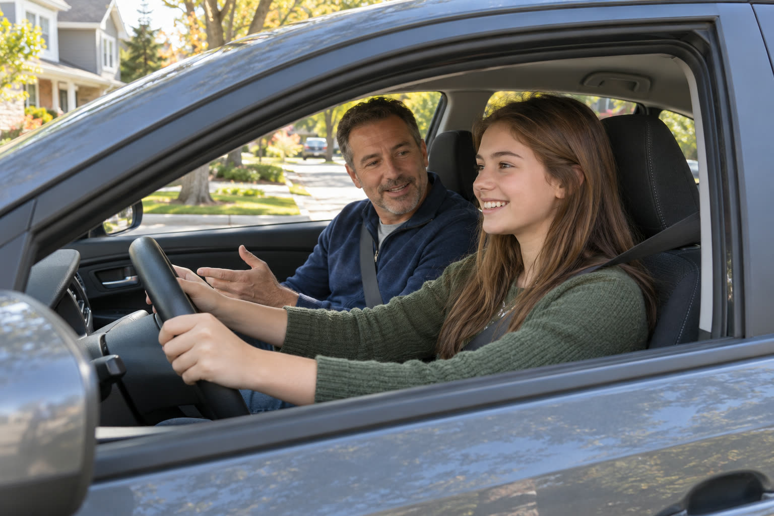 A teenage girl driving with her father in the passenger seat during a practice drive