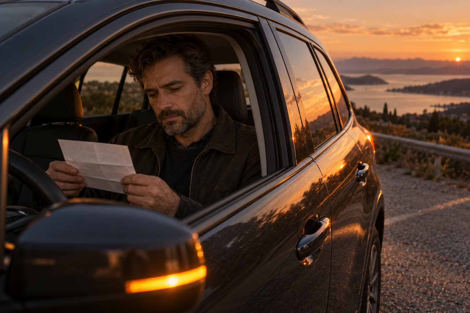 A man sitting in his parked car at sunset, reading a folded piece of paper